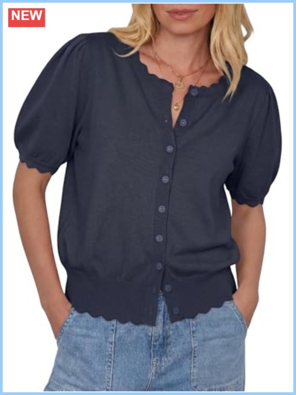 Women Short Sleeve Cardigan Scalloped Crewneck Puff Sleeve Button Up Knit